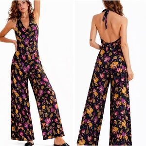 Backless Boho Floral Wide Leg Jumpsuit | Halter Organic Viscose Overall L-XL